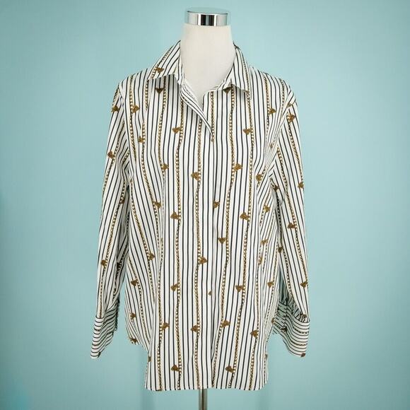 Chico's 3 Size XL White Sateen Chain Tassel Print No Iron Collared Button Top - Picture 1 of 6